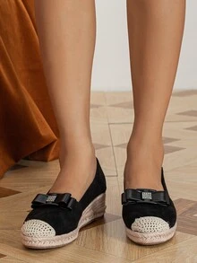 水鑽和蝴蝶結裝飾編織仿麂皮淺口坡跟鞋 - 黑色 - 查看 5