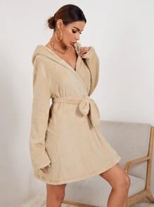 Bata Teddy Con Capucha Y Cinturón Con Bordado De Letras - Caqui - Ver 1