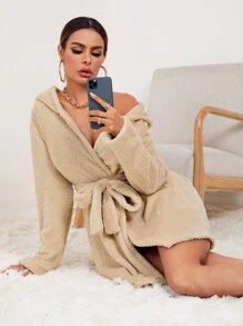 Bata Teddy Con Capucha Y Cinturón Con Bordado De Letras - Caqui - Ver 3