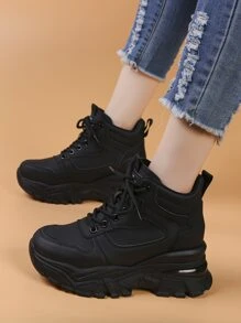 Fall/winter High Top Women's Shoes In Black Color, Dirt-resistant And Short-increased, Ladies' Wedge And Thick Bottomed Casual Sports Shoes - Black - View 3