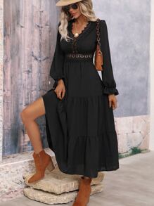 SHEIN Clasi 镂空蕾丝嵌花荷叶边袖 A 字形连衣裙 女式长款套装