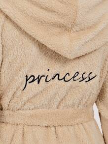 Bata Teddy Con Capucha Y Cinturón Con Bordado De Letras - Caqui - Ver 5