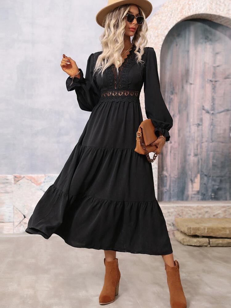 Guipure Lace Insert Flounce Sleeve A-Line Dress Maxi Women Outfit Fall Cloth For Women