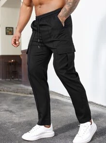 Manfinity Homme Men Flap Pocket Drawstring Waist Cargo Trousers - Black - View 6