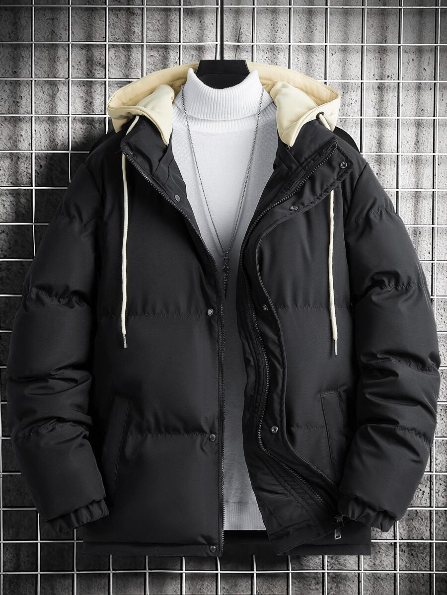 Manfinity Homme Men Drawstring Hooded Puffer Coat Without Jumper - Black - View 1