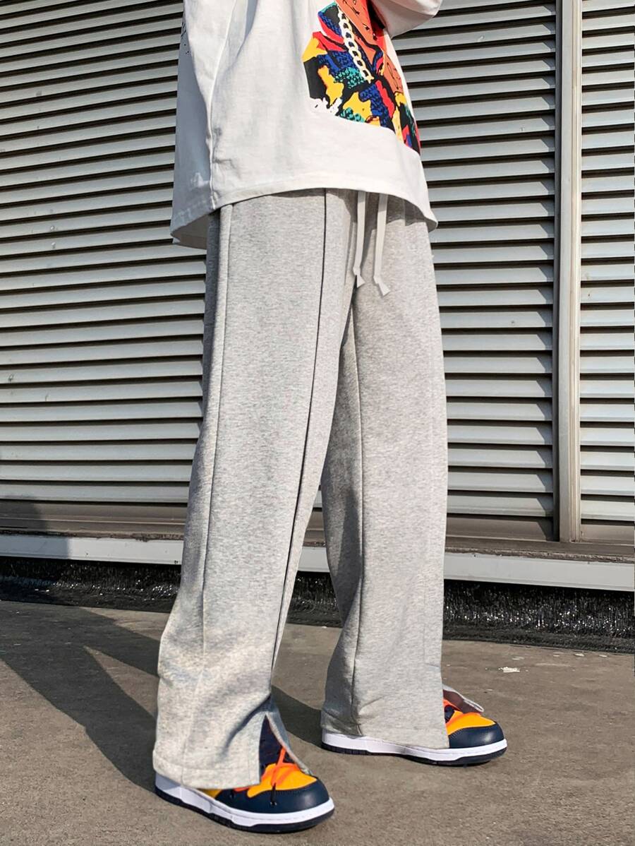 ROMWE MEN Guys Drawstring Waist Wide Leg Sweatpants - Grey - View 1