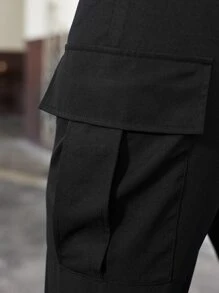 Manfinity Homme Men Flap Pocket Drawstring Waist Cargo Trousers - Black - View 8