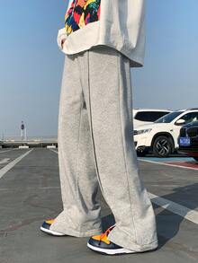 ROMWE MEN Guys Drawstring Waist Wide Leg Sweatpants - Grey - View 5