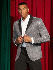 GENTILAND 男士1入組拼接領金屬亮絲西裝外套