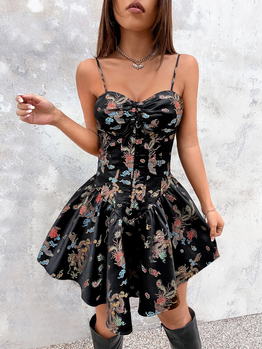 SHEIN SXY 龍提花胸部褶皺吊帶洋裝