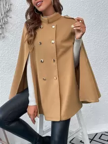 SHEIN Essnce Double Breasted Cloak Sleeve Cape Overcoat - Khaki - View 1