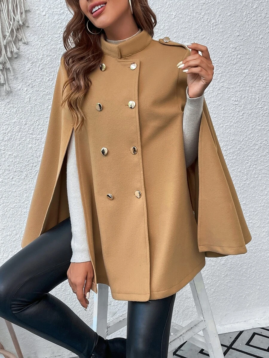 SHEIN Essnce Double Breasted Cloak Sleeve Cape Overcoat - Khaki - View 1