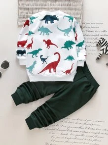 SHEIN 男孩恐龍印花運動衫及運動褲