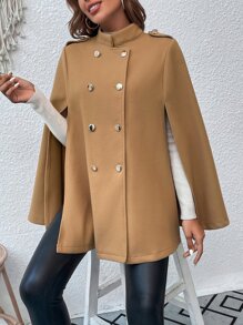 SHEIN Essnce Double Breasted Cloak Sleeve Cape Overcoat - Khaki - View 3
