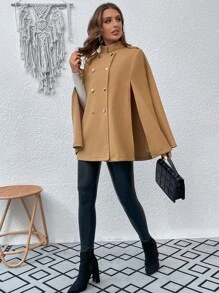 SHEIN Essnce Double Breasted Cloak Sleeve Cape Overcoat - Khaki - View 4