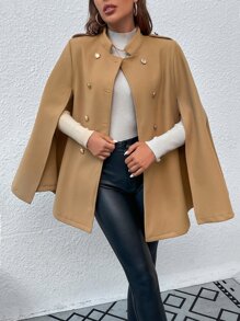 SHEIN Essnce Double Breasted Cloak Sleeve Cape Overcoat - Khaki - View 5