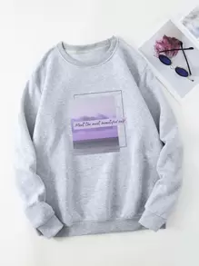 SHEIN EZwear Áo nỉ Plus Size Slogan Giải trí - Xám - Xem 1