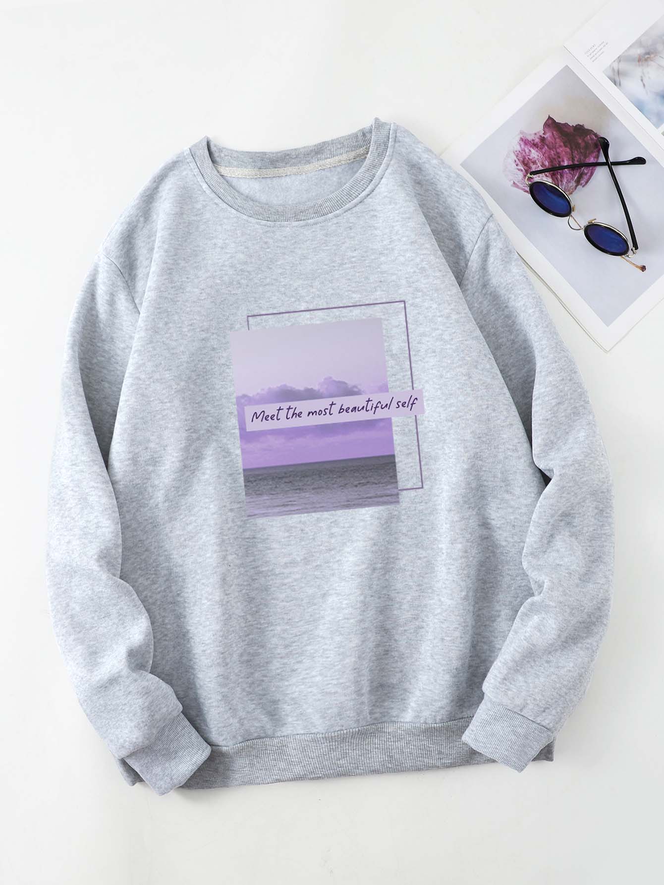 SHEIN EZwear Áo nỉ Plus Size Slogan Giải trí - Xám - Xem 1