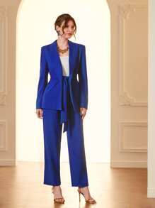 Modelyn 青果領西裝外套和腰上打結長褲 - 寶藍色 - 查看 4