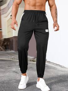 Hombres Pantalones con estampado de letra de cintura con cordón - Negro - Ver 1