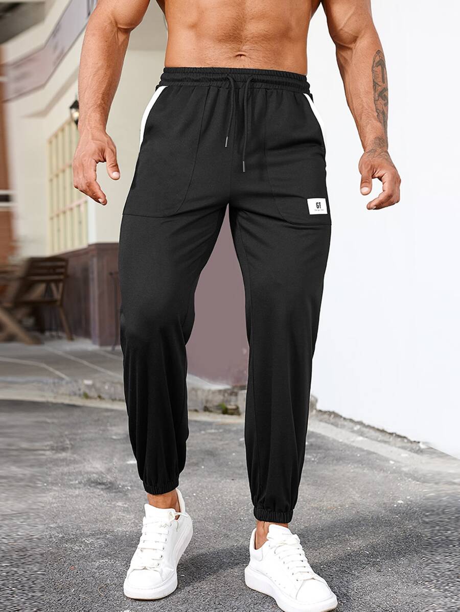 Hombres Pantalones con estampado de letra de cintura con cordón - Negro - Ver 1