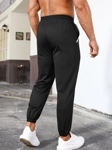 Hombres Pantalones con estampado de letra de cintura con cordón - Negro - Ver 2