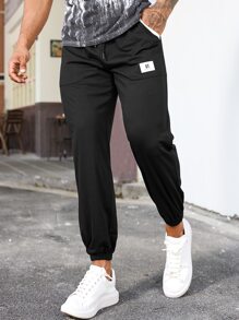 Hombres Pantalones con estampado de letra de cintura con cordón - Negro - Ver 3