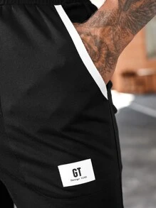 Hombres Pantalones con estampado de letra de cintura con cordón - Negro - Ver 4