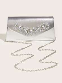 Vincy 珠光晶片手拿包1入，帶閃閃發光鑲嵌鑽石扣細節 - PU皮革小正方形袋可作肩背、斜挎或手提包 - 完美適用於聚會派對 - 銀色 - 查看 3