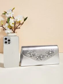 Vincy 珠光晶片手拿包1入，帶閃閃發光鑲嵌鑽石扣細節 - PU皮革小正方形袋可作肩背、斜挎或手提包 - 完美適用於聚會派對 - 銀色 - 查看 5