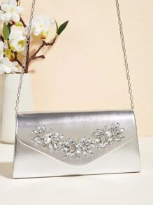 Vincy 珠光晶片手拿包1入，帶閃閃發光鑲嵌鑽石扣細節 - PU皮革小正方形袋可作肩背、斜挎或手提包 - 完美適用於聚會派對 - 銀色 - 查看 8