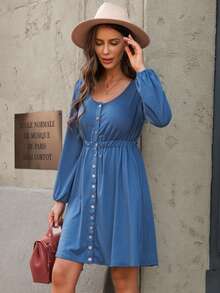 Vestido con botón delantero de manga farol