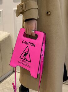 Warning Sign Design Novelty Bag, Faux Leather Crossbody Bag, Creative Stop Sign Purse For Women