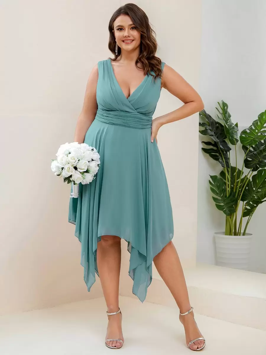 Plus Cross Wrap High Low Ruched Bridesmaid Dress - Cadet Blue - View 1