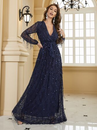 YISIKADO 交疊領自綁腰帶亮片連衣裙