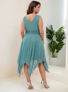Plus Cross Wrap High Low Ruched Bridesmaid Dress - Cadet Blue - View 2