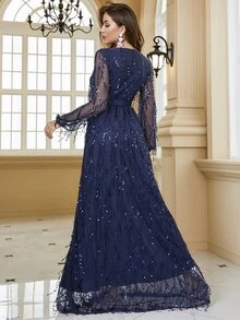 YISIKADO 交疊領自綁腰帶亮片連衣裙