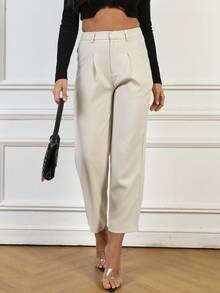 High Waist Plicated Detail Suit Trousers - Beige - View 3