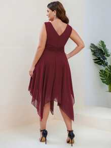 大碼交疊領不對稱下擺雪紡伴娘洋裝 - 酒紅色 - 查看 2