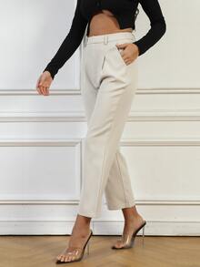 High Waist Plicated Detail Suit Trousers - Beige - View 4