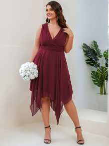 大碼交疊領不對稱下擺雪紡伴娘洋裝 - 酒紅色 - 查看 3