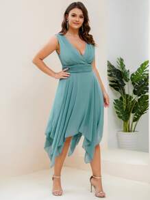 Plus Cross Wrap High Low Ruched Bridesmaid Dress - Cadet Blue - View 5