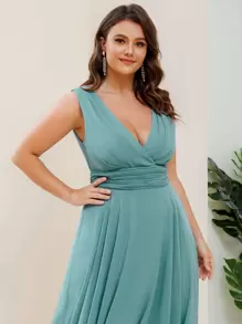 Plus Cross Wrap High Low Ruched Bridesmaid Dress - Cadet Blue - View 6