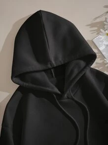 SHEIN EZwear 標語和蝴蝶印花袋鼠口袋抽繩保暖連帽衫 - 黑色 - 查看 5