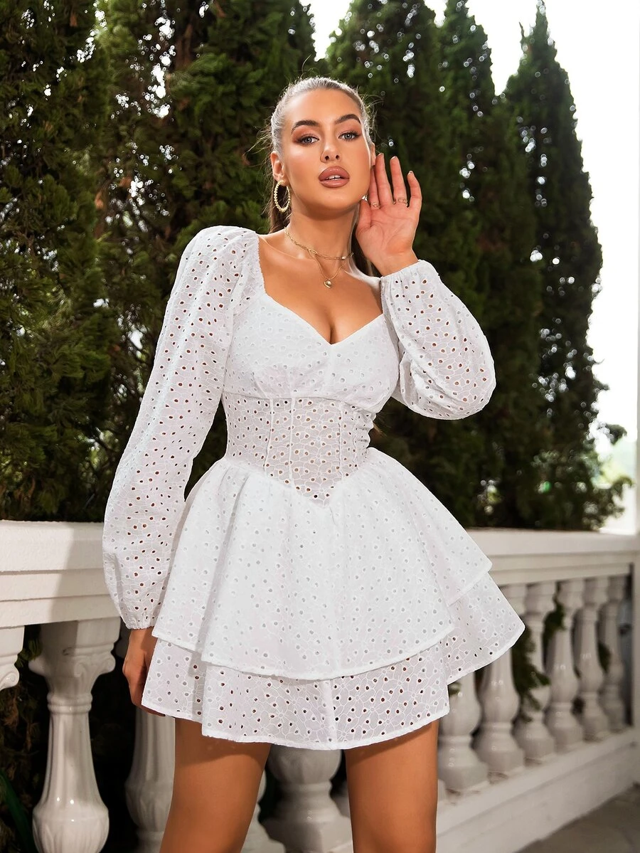 D&M 雞心領口燈籠袖雙層下擺網眼刺繡洋裝 - 白色 - 查看 1