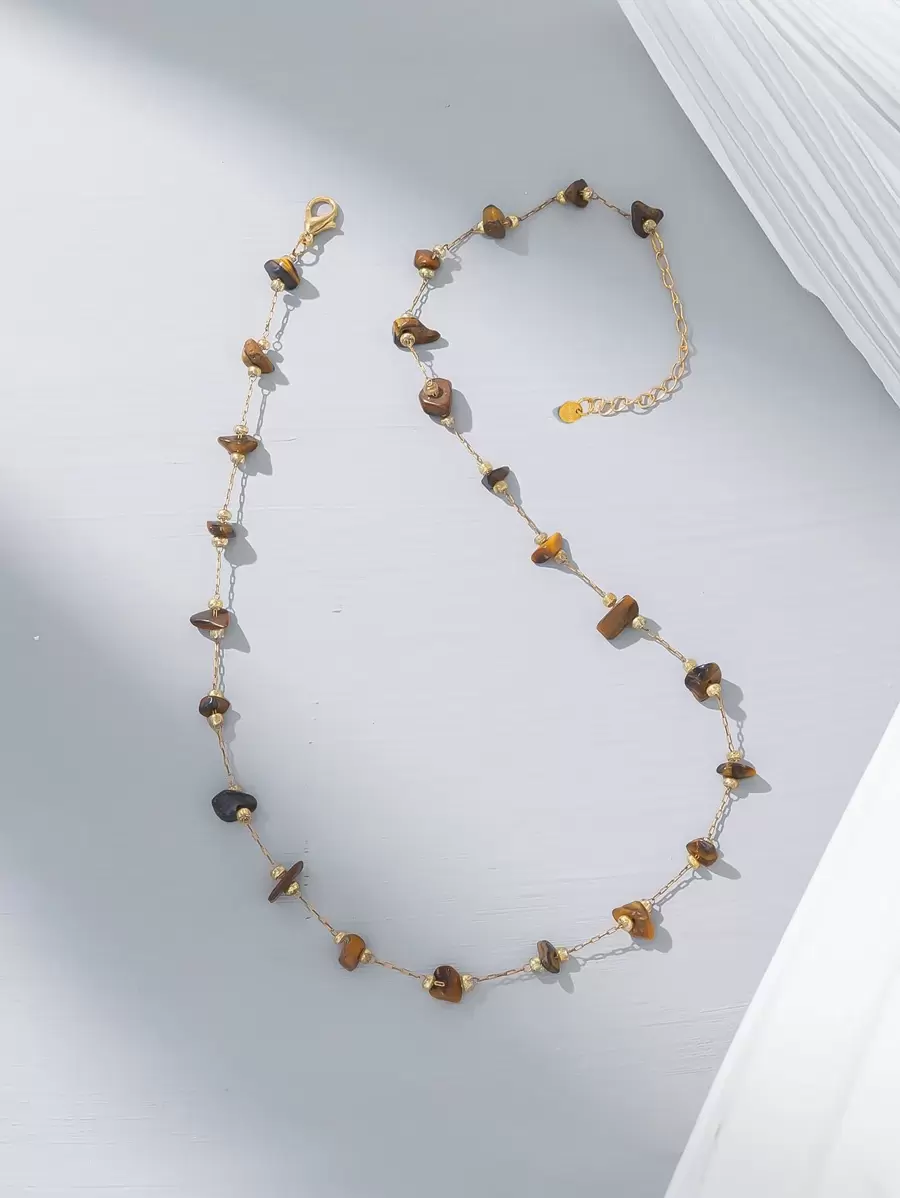 1pc Asymmetrical Shaped Handmade Stone Necklace (Assorted Stone Colors And Quantities) - Brown - View 1