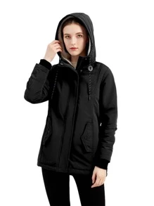 NITAGUT Zip Up Drawstring Hooded Padded Coat - Black - View 1