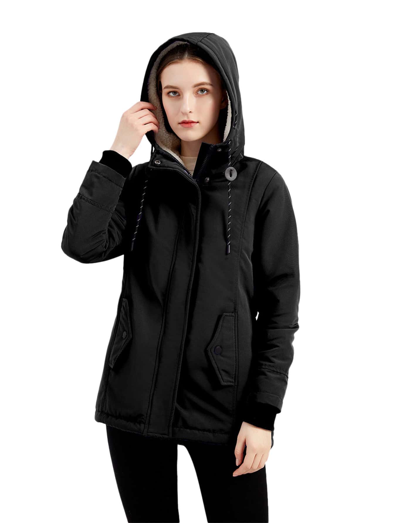 NITAGUT Zip Up Drawstring Hooded Padded Coat - Black - View 1