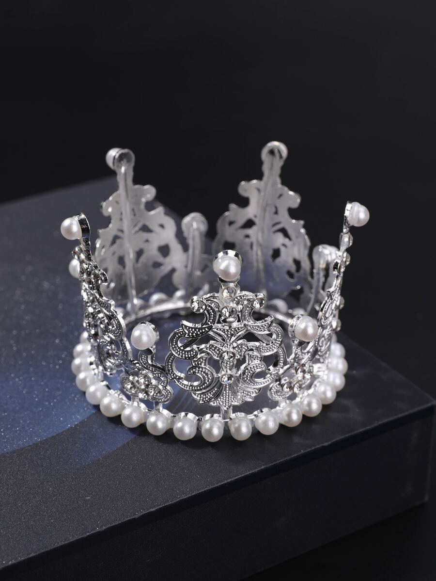 1pc Diamond & Pearl Crown Cake Topper For Birthday Party Royal - Silver - View 1