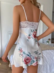 Floral Print Contrast Lace Satin Sexy Lingerie Dress - White - View 2